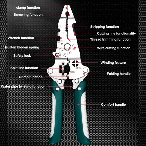 Foldable wire stripper, pulley design multi-function electrician wire splitter wire winding pliers crimping pliers hand tool