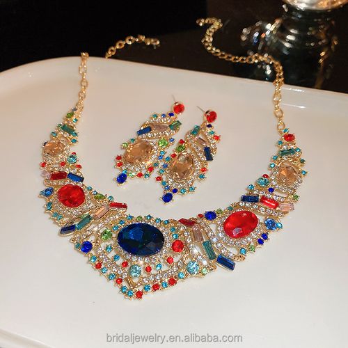 Rainbow Gemstone Set Exquisite Sweet Charm Crystal Necklace Earrings Three-Piece Set