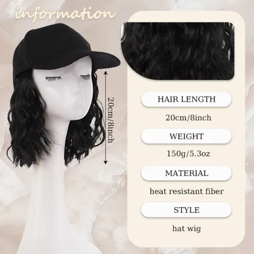 8inch Synthetic Hat Wig Hairpiece for Women Baseball Cap with Short Wavy Curly Hair Extensions Adjustable Hat for Women Daily