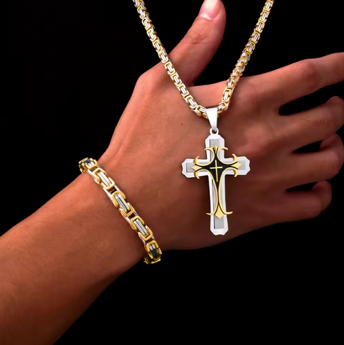 Men's Cross Pendant Necklace and Bracelet Set