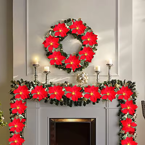 Poinsettia Christmas Flowers Garland String Lights Xmas Tree Ornaments Indoor and Outdoor Party Decor Christmas Decoration Navidad