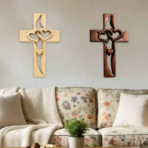 Handcarved Wood Cross with Intertwined Hearts Wall Hanging Carved Cross Hand Made Art Decor Grift for Wedding Valentine's Day