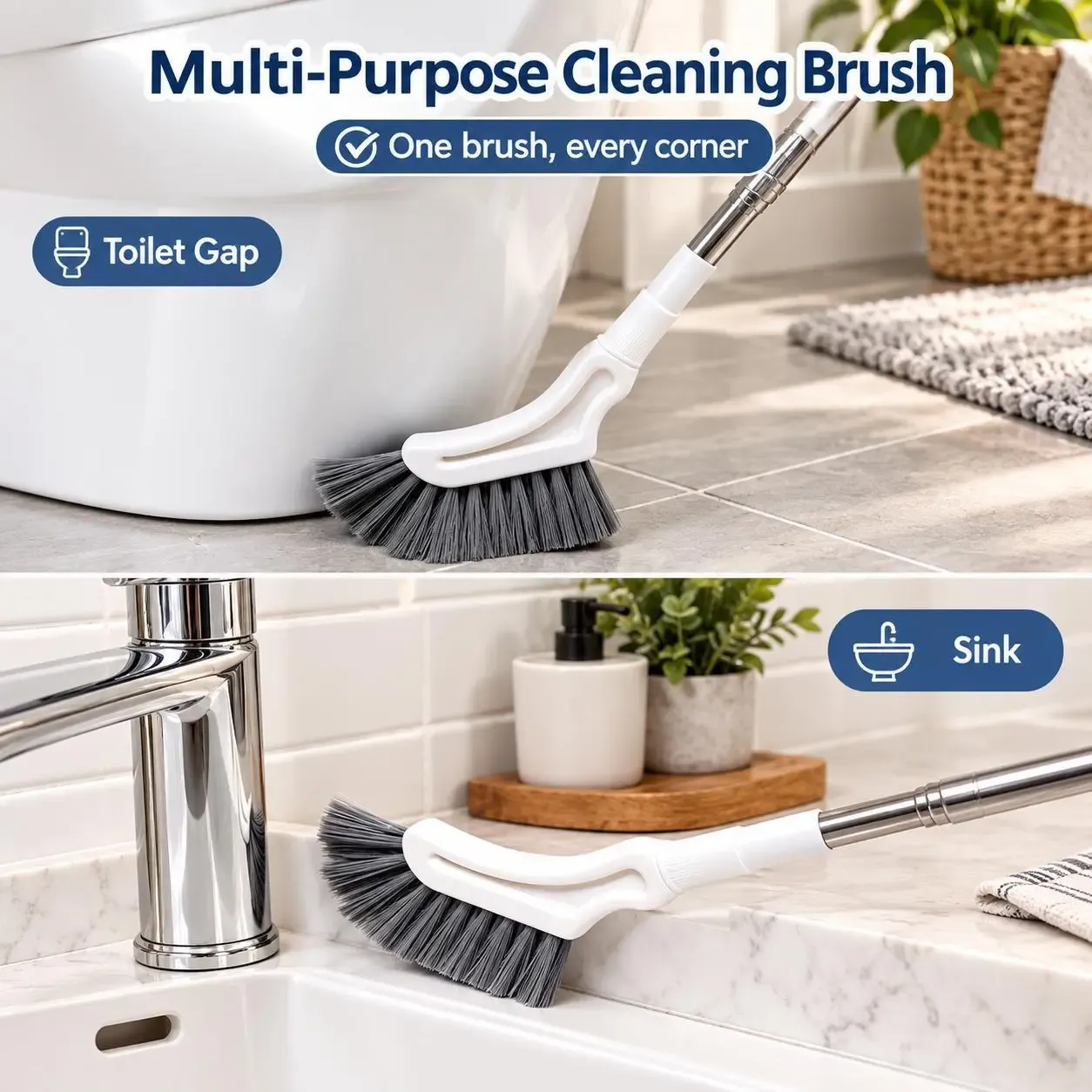 3PCS Adjustable Length Stainless Steel Telescopic Long Handle Crevice Cleaning Brush, Narrow Gap Cleaner for Bathroom, Hard-to-Reach Spaces