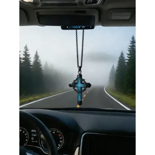 Vintage Punk Crown of Thorns Cross Rearview Mirror Hanging Pendant with Turquoise Inlay