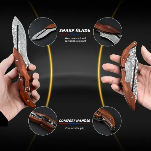 1PC Outdoor Folding Knife Mechanical Design Fixed Blade Wooden Handle EDC Pocket Knife Fishing Knife Camping Mountaineering