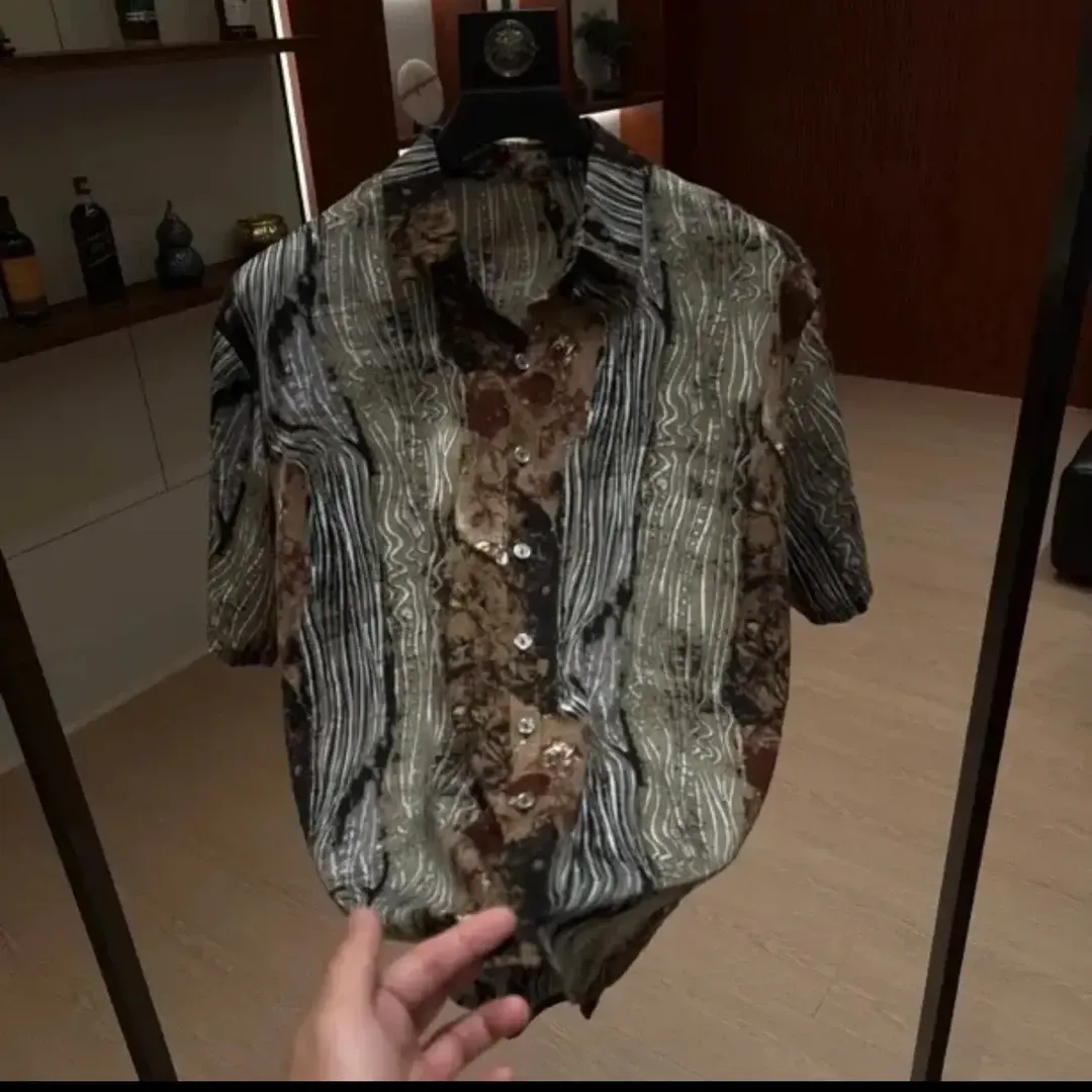 Men's Ice Silk Shirt with Tree Bark Texture