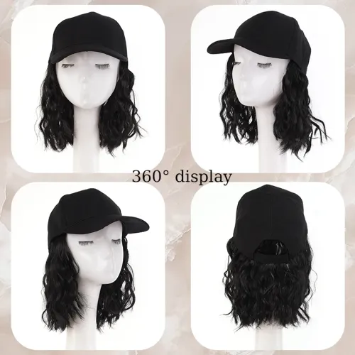 8inch Synthetic Hat Wig Hairpiece for Women Baseball Cap with Short Wavy Curly Hair Extensions Adjustable Hat for Women Daily