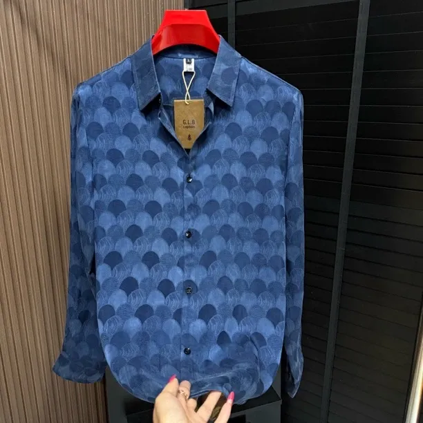 Men's Blue Satin-Weave Long-Sleeve Shirt