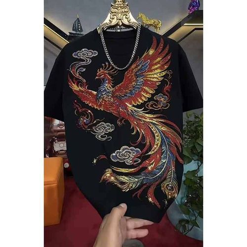 Men's T-shirt with Gilded Auspicious Phoenix and Cloud Rhinestone Design