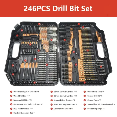 246-piece multi-functional drill bit set, including twist drills, woodworking flat drills, cement drills and screw bits, suitable for drilling through various materials such as wood, metal and cement. It covers all specifications, featuring high hardness materials that are durable. The hard tool box provides organized storage. It is an all-in-one cost-effective tool set for home decoration DIY and maintenance workers.