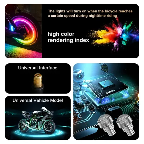 4pcs Motorcycle rim light, seven-color flashing decorative light for electric bike tire valve, car valve light, wheel light