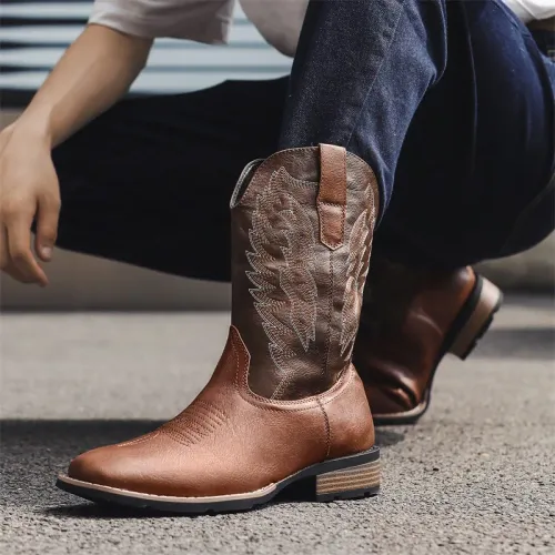 High top embroidered retro sleeve wide toe Western cowboy boots