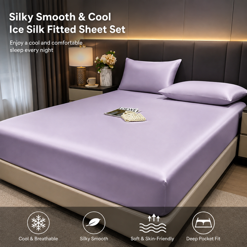 ✨ 3-Piece Ice Silk Fitted Sheet Set, 1 Fitted Sheet + 2 Pillowcases, Silky Smooth Cooling & Breathable Bed Sheets with Stretchy Elastic Fit for 10–18cm Mattresses