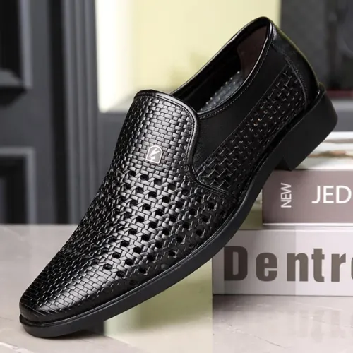 Men's Synthetic Leather Shoes Soft Sole Breathable Low Heeled Business Casual Shoes Hollow Out Dress Sandals Middle Aged