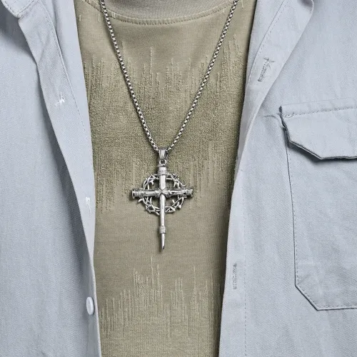 Thorn Wreath Cross Pendants Stainless Steel Artistic Retro Men Personality Fashion Necklaces Jewelry
