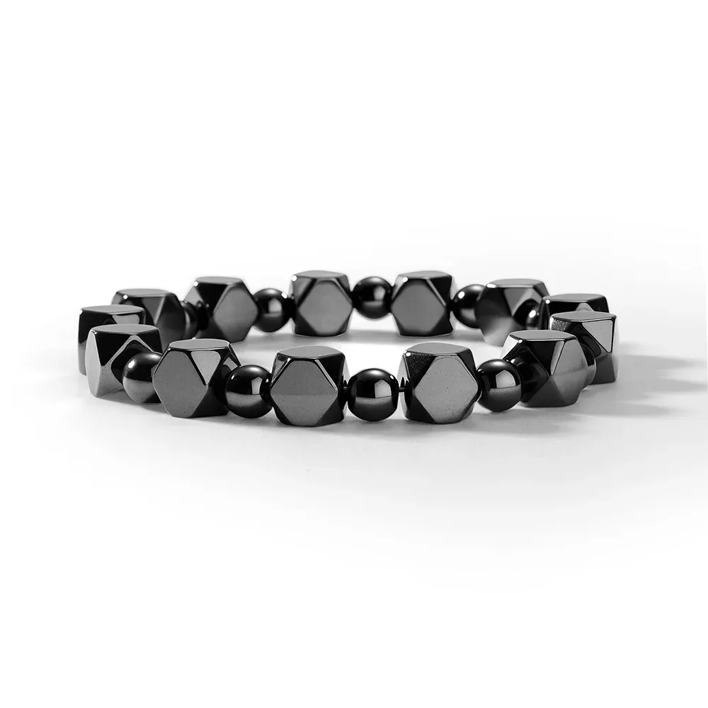 Natural Faceted Hematite Black Obsidian Beaded Bracelet Unisex Men Women Gemstone Bangle Daily Wear Anniversary Wedding Positive