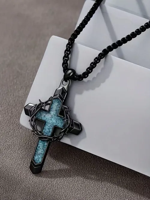 Vintage Punk Crown of Thorns Cross Rearview Mirror Hanging Pendant with Turquoise Inlay