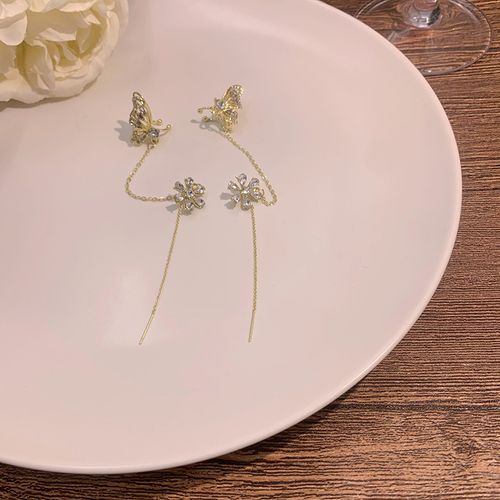 1PC Silver Butterfly Crystal Tassel Ear Clip Women's Earrings Shiny Rhinestone Chain Cartilage