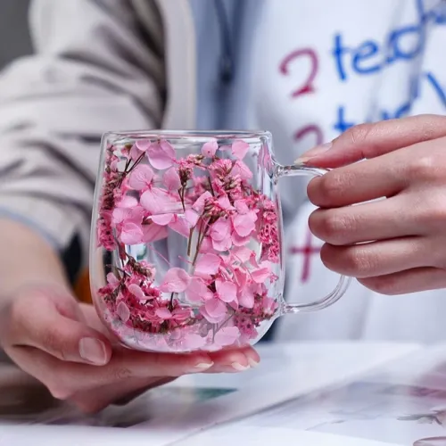 Transparent Double Glass Flower Tea Cup