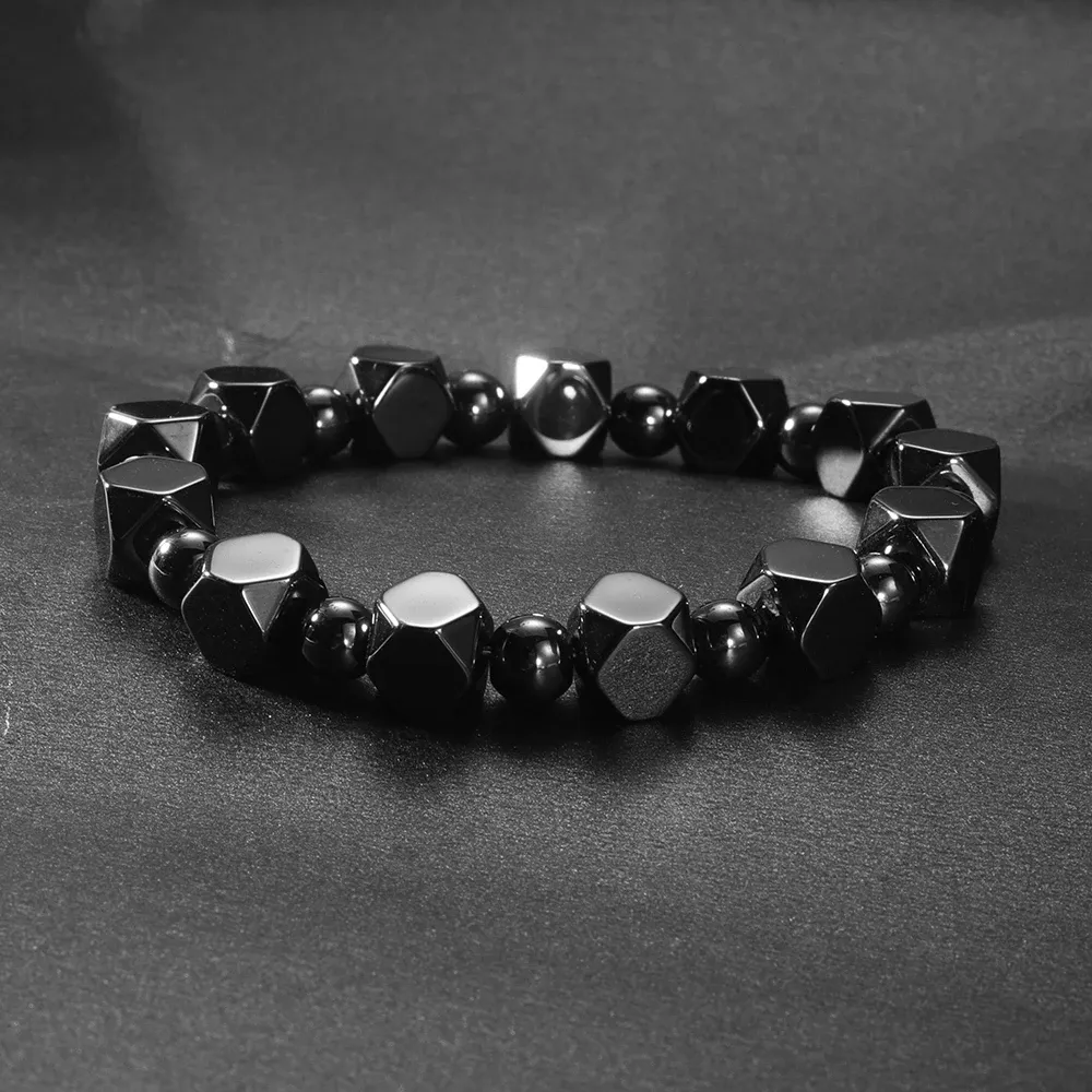 Natural Faceted Hematite Black Obsidian Beaded Bracelet Unisex Men Women Gemstone Bangle Daily Wear Anniversary Wedding Positive