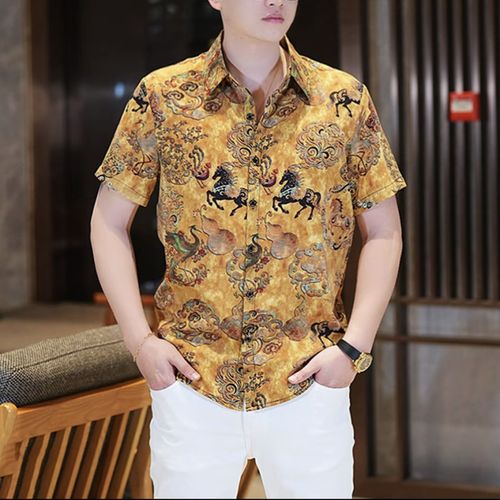 Casual Short-Sleeve Collared Shirt with Retro Print