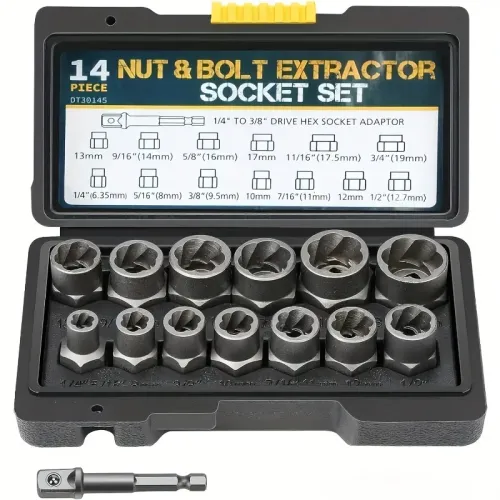 14-Piece Cr-Mo Steel Impact Bolt Nut Remover Set with Solid Storage Case for Industrial Use Bolt Extractor Tool Set