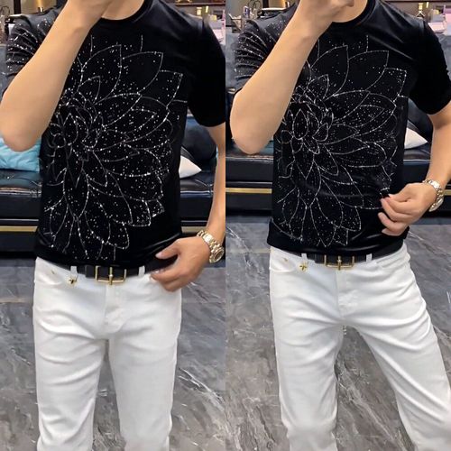 Men's Breathable T-Shirt with Rhinestone Lotus Design