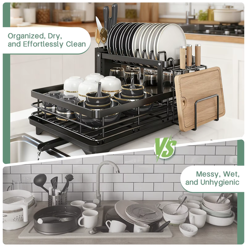 2-Layer Dish Drain Rack Is Suitable for Kitchen Countertop Metal Dish Drain Rack with Knife Cup Tableware Rack with Drain, Glass