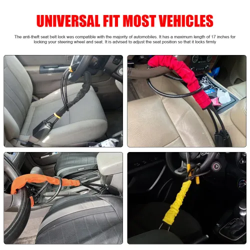 Car Steering Wheel Lock With Seat Belt Socket Steel Rope For Truck SUV Van RV Universal Anti Theft Protection Device