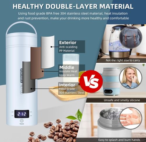 Electric Kettle Keeps Cold or Heat Insulated LED Thermometer Water Bottle Keeps Warm Portable Automatic Travel Espresso Electric Kettle