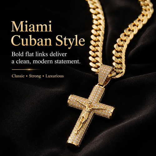 Gold-Plated Cuban Figaro Cross Necklace—24-Inch Miami-Style Cross, Hand-Polished
