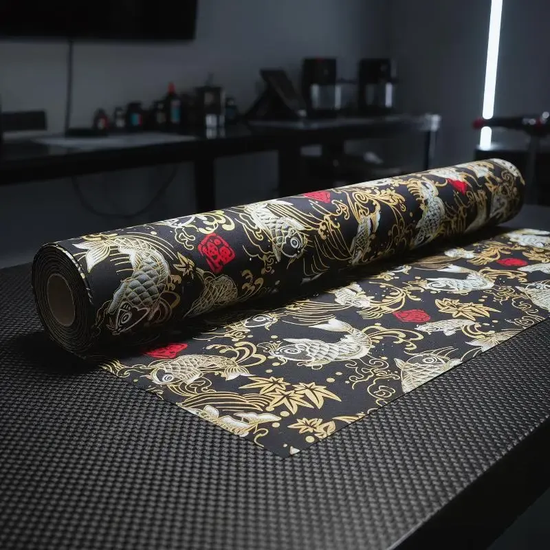 1Pcs High Grade Wear-Resistant Car Dashboard Door Panel Ceiling Decor Fabric Self-Adhesive Black Koi Fish Car Interior Sticker