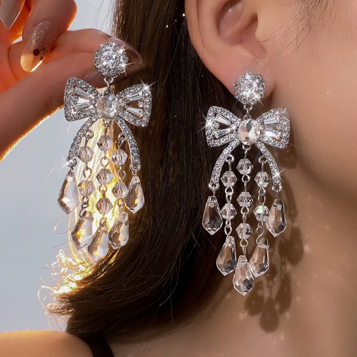 Silver Needle Diamond Glass Bow Fringed Earrings Light Luxury Premium Earrings Fashion Exquisite Versatile Commuter Earrings