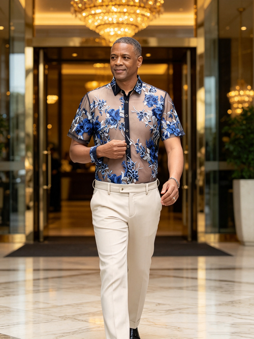High end velvet crochet men's top