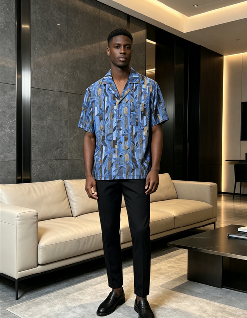 Elegant Blue Leaf Print Shirt