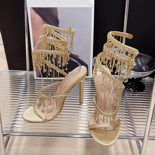 Elegant Women Wedding Banquet Shoes Fashion Crystal Tassel Twining Stiletto Sandals Sexy Open Toe Stripper Heels Golden