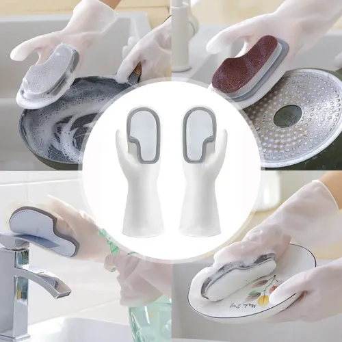 A pair Reusable Silicone Cleaning Gloves with Built-in Scrubber Waterproof Heat Resistant Gloves for Dishwashing Bathroom Pet Grooming