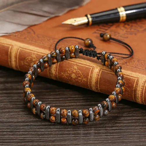Hand Woven Double Row Natural Tiger's Eye Hematite Bracelet Punk Style Beaded Bracelet Unisex Hand Jewelry