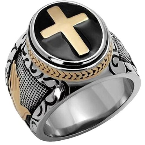 1Pcs Gold Plated Retro Crucifix Ring Stainless Steel Cross Band Ring for Men Vintage Fashion Jewelry Party Gift