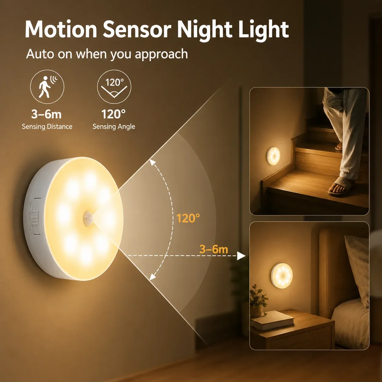 3PCS Rechargeable LED Motion Sensor Light Magnetic Cabinet Night Lamp Wireless Closet Light for Bedroom Kitchen Hallway