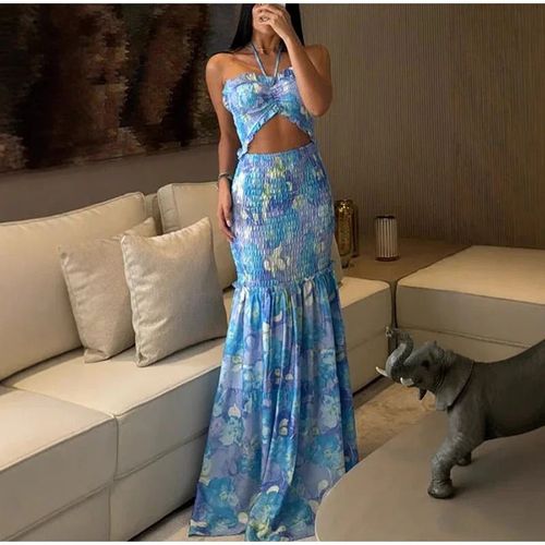 Hollow Out Printed Halter Long Dress Women Backless Off Shoulder Patchwork Ruffle Summer 2025 Dresses Party Vacation Chic Robe