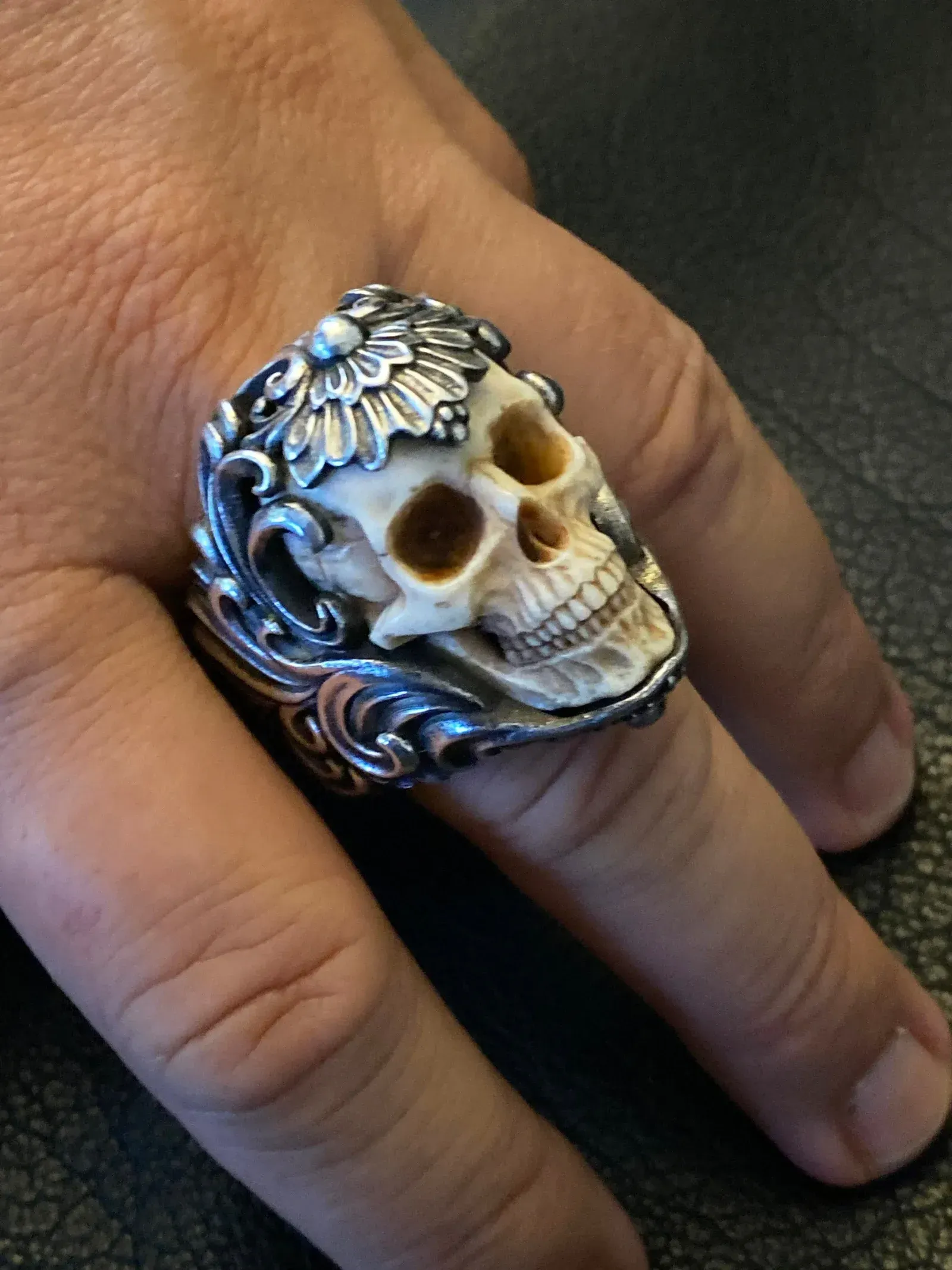💀Adjustable opening Vintage Polish Floral Armor Antler Skull Ring