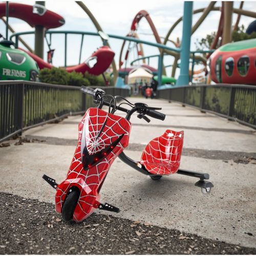 Three-wheeled electric drift scooter, suitable for children and adults, equipped with LED lights and Bluetooth functionality.