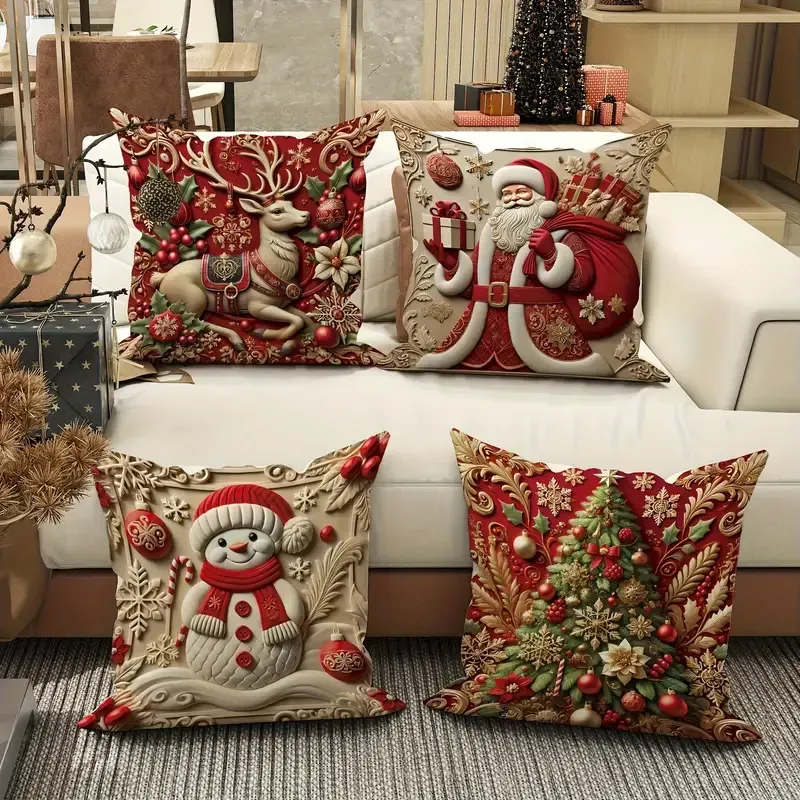 Set of 4 Christmas Themed Cushion Cover – Machine Washable, Wrinkle-Resistant, Durable, Perfect for Living Room, Bedroom, Office & More