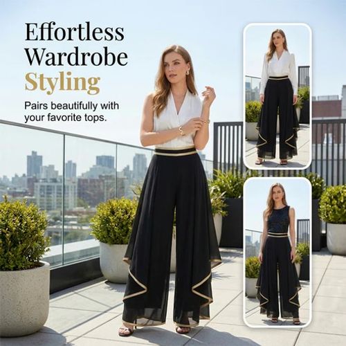 Absolutely Gorgeous! 💓Super Elegant & Flowy Wide-Leg Pants with Gold Trim