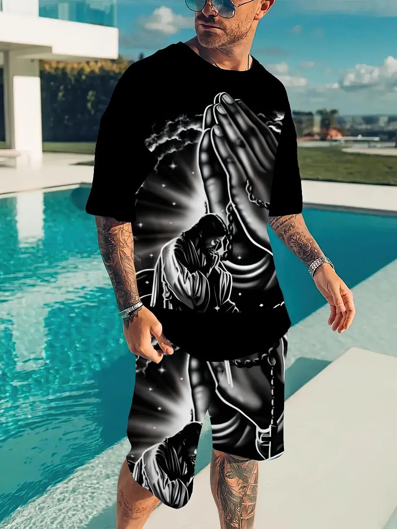 2026 Summer New Men's Short-Sleeved Set - 3D Trendy Brand - Hands Together Print - Casual Fashionable Street Style - Comfortable