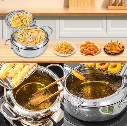 2.2L Deep Fryer Pot with Strainer Basket and Thermometer Stainless Steel Frying Pan for Frying
