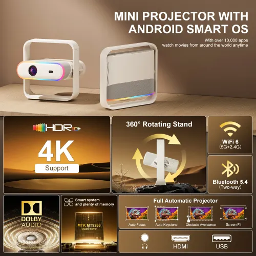 2026 New Portable Projector 4K HD Native 1080P 500 ANSI Supports Dolby Audio Outdoor Cinema