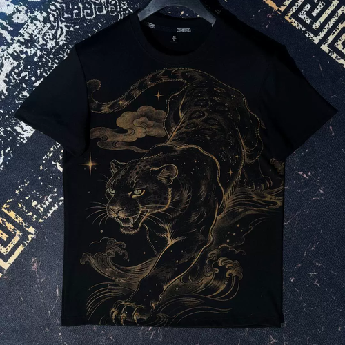 Luxury Men Black Tee Golden Leopard Wave Short Sleeve Shirt