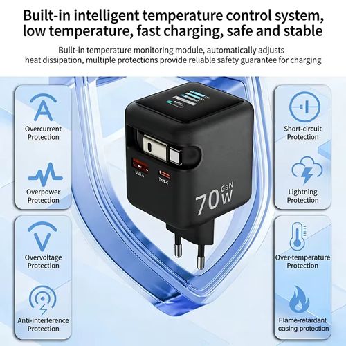3 IN 1 GaN Charger with Retractable Cable 70W PD3.0 QC4.0 PPS 2 Type-C Travel Fast Charger